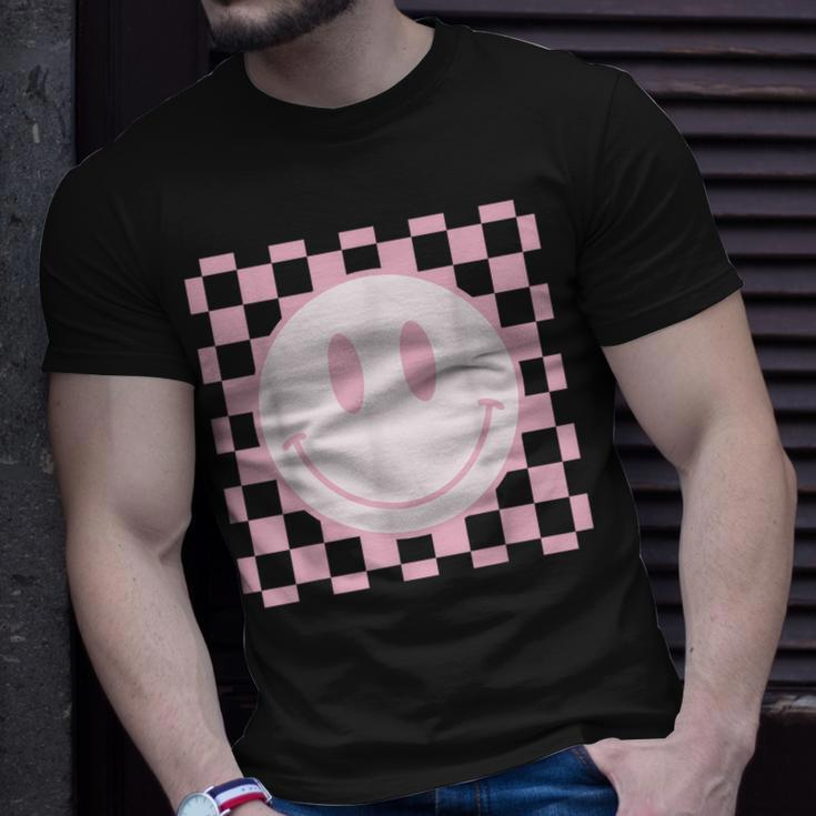 Smile Face Pink Vintage Checkered Pattern Retro Happy Face Unisex T-Shirt Gifts for Him