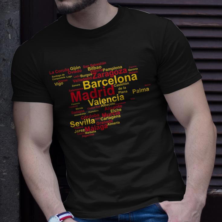 Spain Map Silhouette Towns Cities Madrid Travel Espana Unisex T-Shirt Gifts for Him