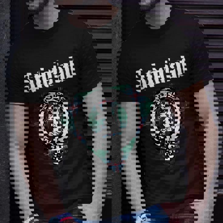 Sutherland Clan Scottish Name Coat Of Arms Tartan Unisex T-Shirt Gifts for Him