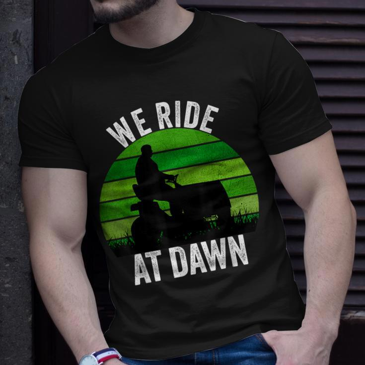 We Ride At Dawn Lawnmower Lawn Mowing Funny Dad Vintage Men Unisex T-Shirt Gifts for Him