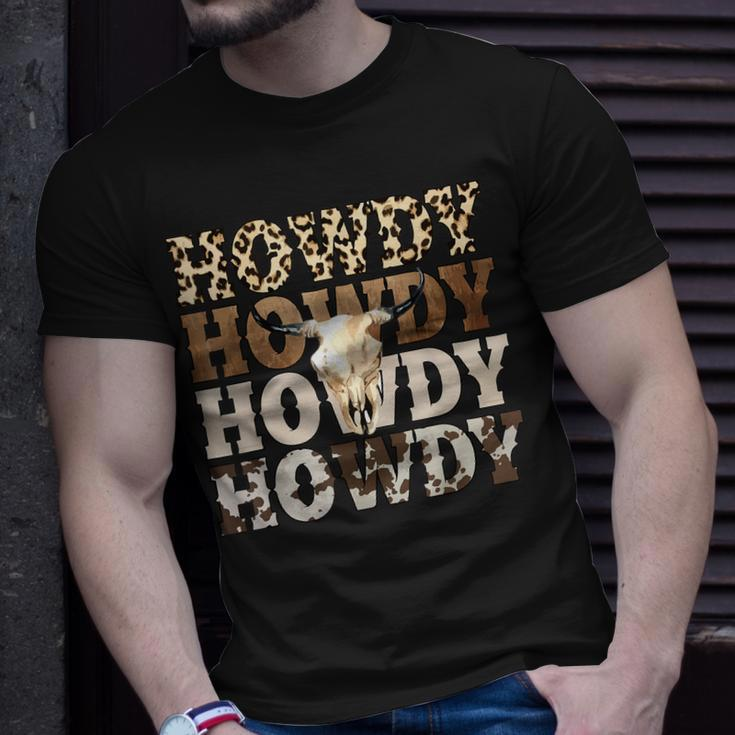 Western Country Leopard Howdy Bull Skull Cowgirl Rodeo Unisex T-Shirt Gifts for Him