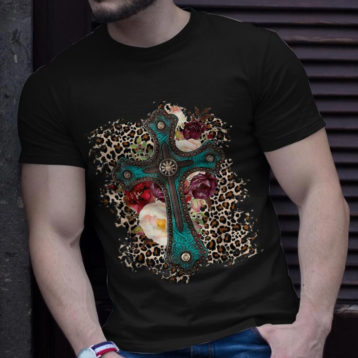 Western Leopard Flowers Cross Christian Cowgirl Unisex T-Shirt Gifts for Him