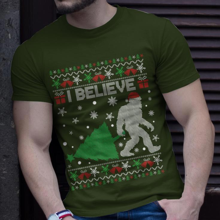 I Believe Big Foot Sasquatch Ugly Christmas Holiday T-Shirt Gifts for Him