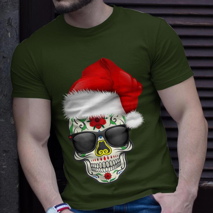 Christmas Hat Santa Day Of The Dead Sugar Skull Party T-Shirt Gifts for Him