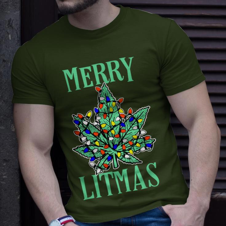 Merry Litmas Pot Leaf Christmas Tree Lights Marijuana T-Shirt Gifts for Him