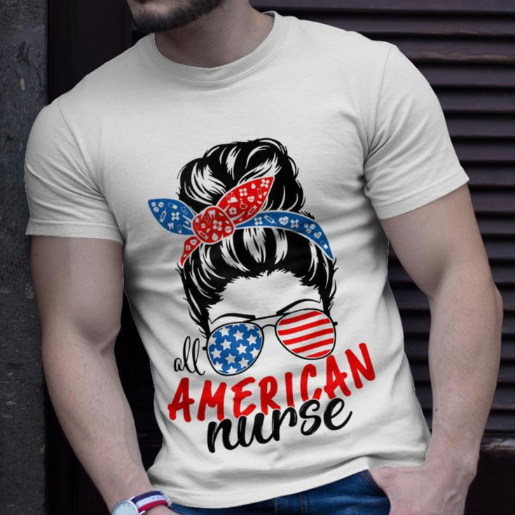 4Th Of July 2023 Messy Bun Mom Patriotic All-American Nurse Unisex T-Shirt Gifts for Him