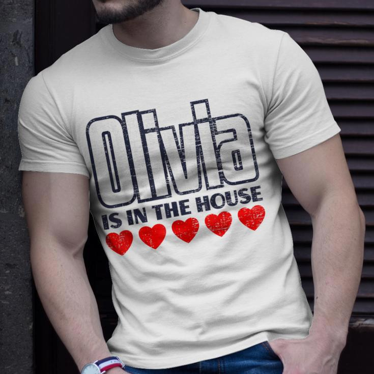 Olivia Is In The House Retro Hearts First Name Love Olivia Unisex T-Shirt Gifts for Him