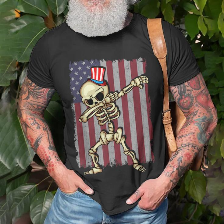 4Th Of July Dabbing Skeleton American Flag Dabbing Unisex T-Shirt Gifts for Old Men