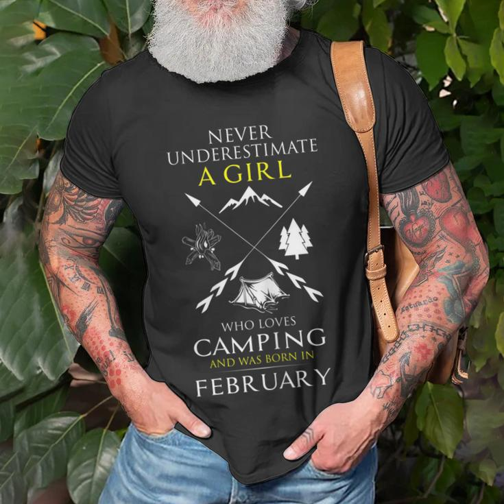 A Girl Who Loves Camping Born In February Camp Girl Vintage Unisex T-Shirt Gifts for Old Men