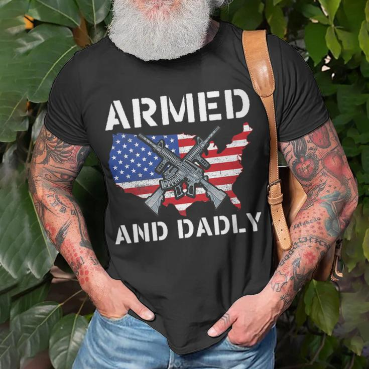 Armed And Dadly Funny Fathers Day Pun Us Flag Deadly Dad Unisex T-Shirt Gifts for Old Men