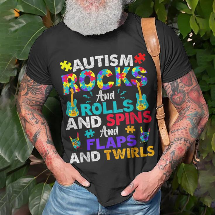 Autism Rocks And Rolls Autism Awareness Month T-Shirt Gifts for Old Men