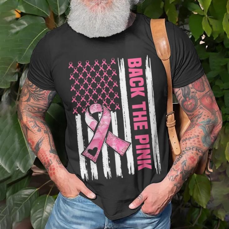 Back The Pink Warrior Flag American Breast Cancer Awareness Breast Cancer Awareness Funny Gifts Unisex T-Shirt Gifts for Old Men