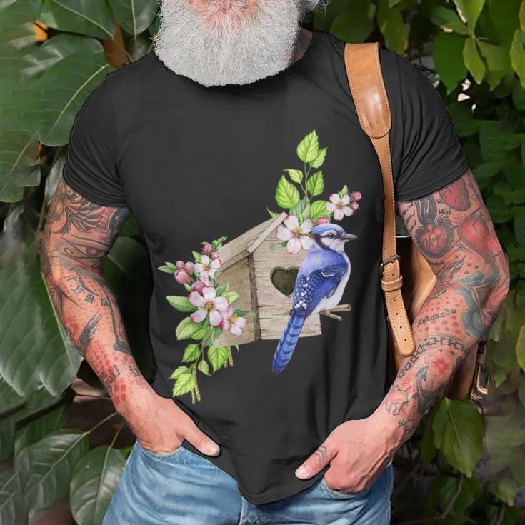 Blue Jay Bird Birdhouse And Pink Blossoms Bird Watching T-Shirt Gifts for Old Men