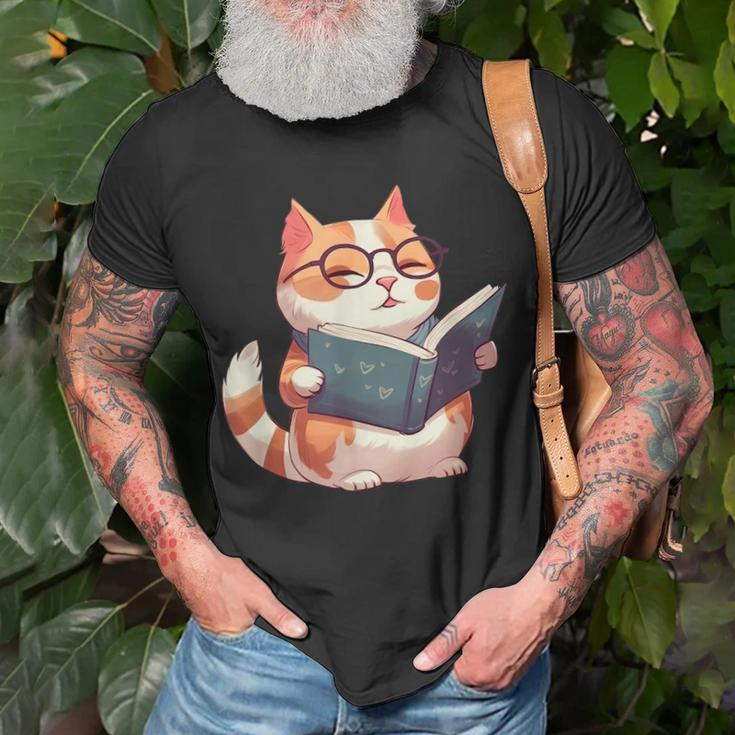 Bookish Cat With Glasses - Cute & Intellectual Design Unisex T-Shirt Gifts for Old Men