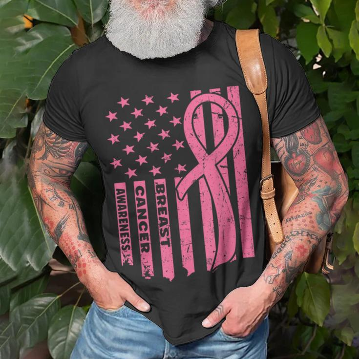 Breast Cancer Awareness Flag Usa Breast Cancer Warrior T-Shirt Gifts for Old Men