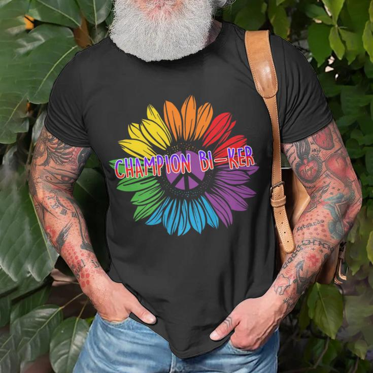 Champion Biker Bisexual Lgbtq Bi Pride Biking Funny Unisex T-Shirt Gifts for Old Men
