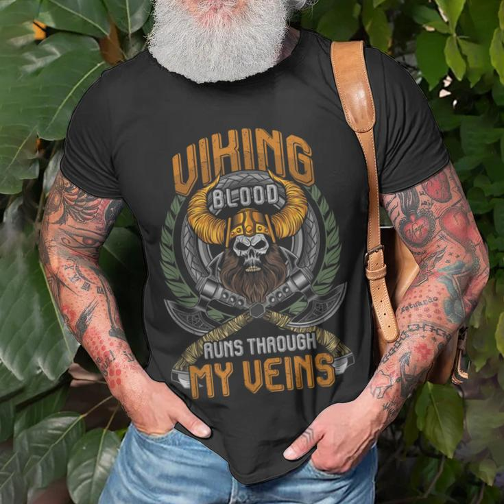 Cool Viking Blood Runs Through My Veins T-Shirt Gifts for Old Men