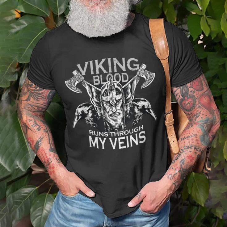 Cool Viking Text Viking Blood Runs Through My Veins T-Shirt Gifts for Old Men