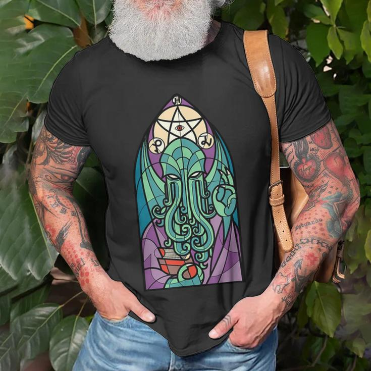 Cthulhu Church Stained Glass Cosmic Horror Monster Church T-Shirt Gifts for Old Men