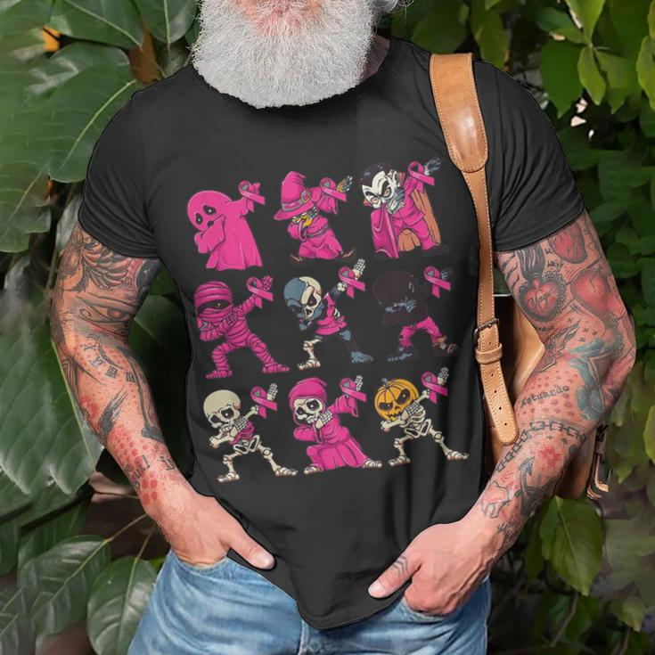 Dabbing Halloween Skeleton Pumpkin Breast Cancer Awareness T-Shirt Gifts for Old Men
