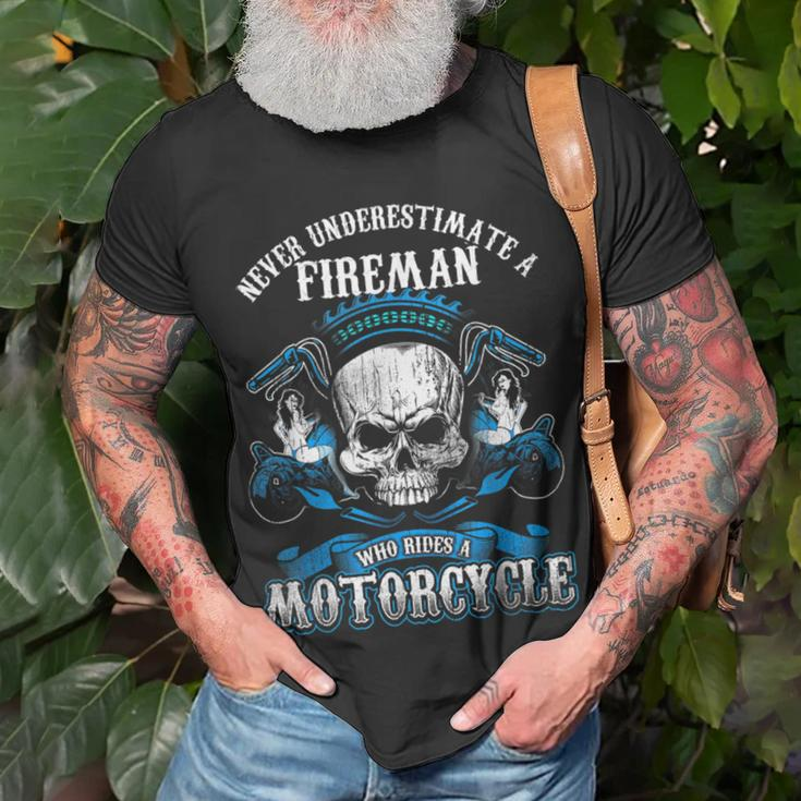 Fireman Biker Never Underestimate Motorcycle Skull T-Shirt Gifts for Old Men