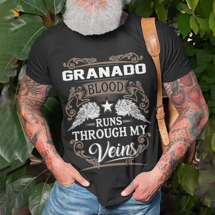 Granado Name Gift Granado Blood Runs Through My Veins Unisex T-Shirt Gifts for Old Men