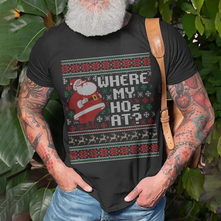Where My Hos At Ugly Christmas Sweater Style Couples T-Shirt Gifts for Old Men