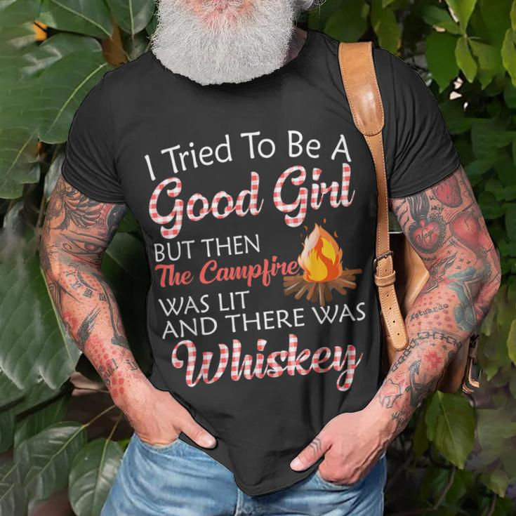 I Tried To Be A Good Girl But Campfire And Whiskey Camping Unisex T-Shirt Gifts for Old Men