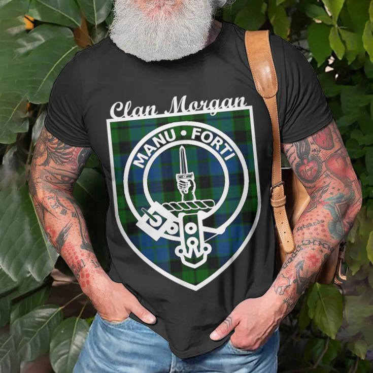 Morgan Surname Last Name Scottish Clan Tartan Badge Crest Funny Last Name Designs Funny Gifts Unisex T-Shirt Gifts for Old Men