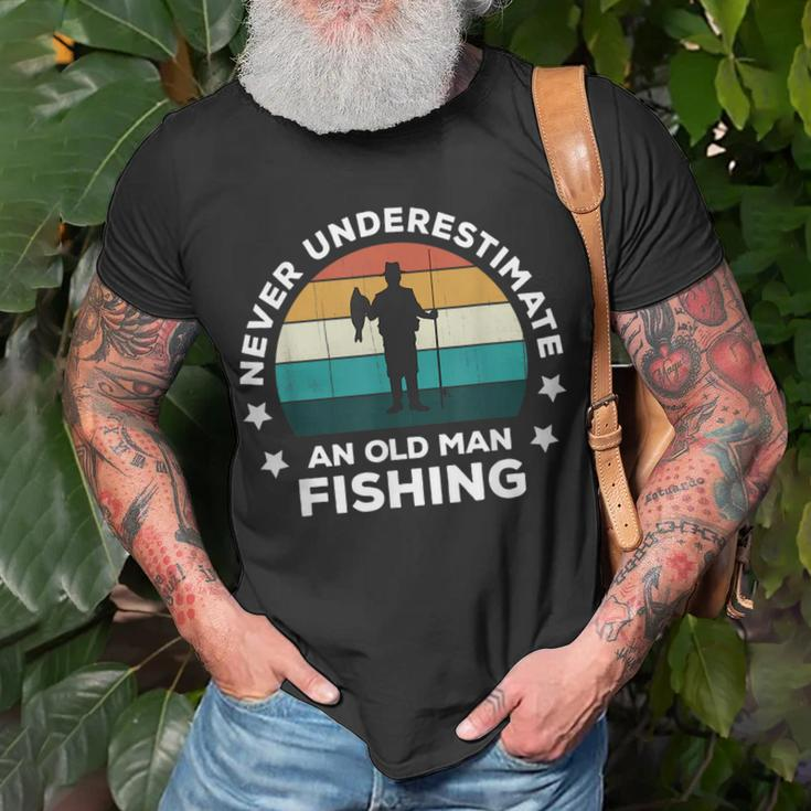 Never Underestimate An Old Man Fishing Fun Catching Fish Unisex T-Shirt Gifts for Old Men