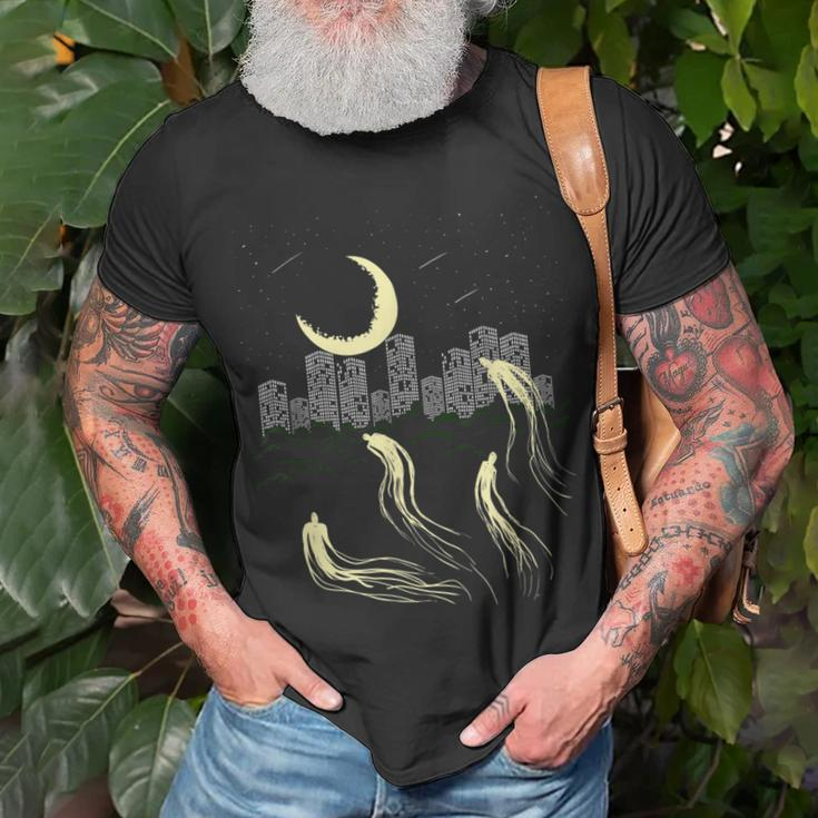 Night Sky Moon Star Building Ghost City Galaxy Horror Ghost T-Shirt Gifts for Old Men