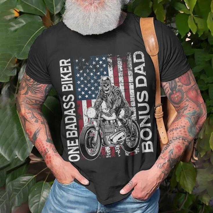 One Badass Biker Bonus Dad Grunge American Flag Skeleton Funny Gifts For Dad Unisex T-Shirt Gifts for Old Men