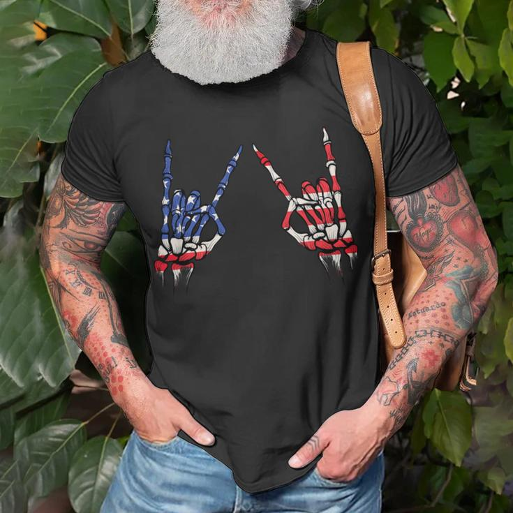 Patriotic Usa Flag Skeleton Rock On Devil Horns 4Th Of July Patriotic Funny Gifts Unisex T-Shirt Gifts for Old Men
