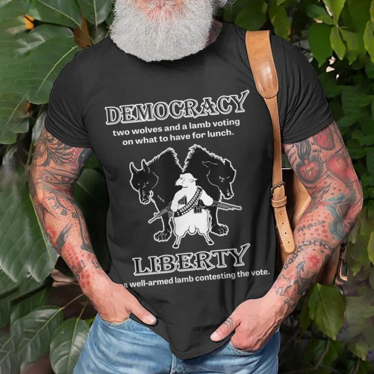 Political Liberty Vs Democracy Lamb Two Wolves Novelty Gift Unisex T-Shirt Gifts for Old Men