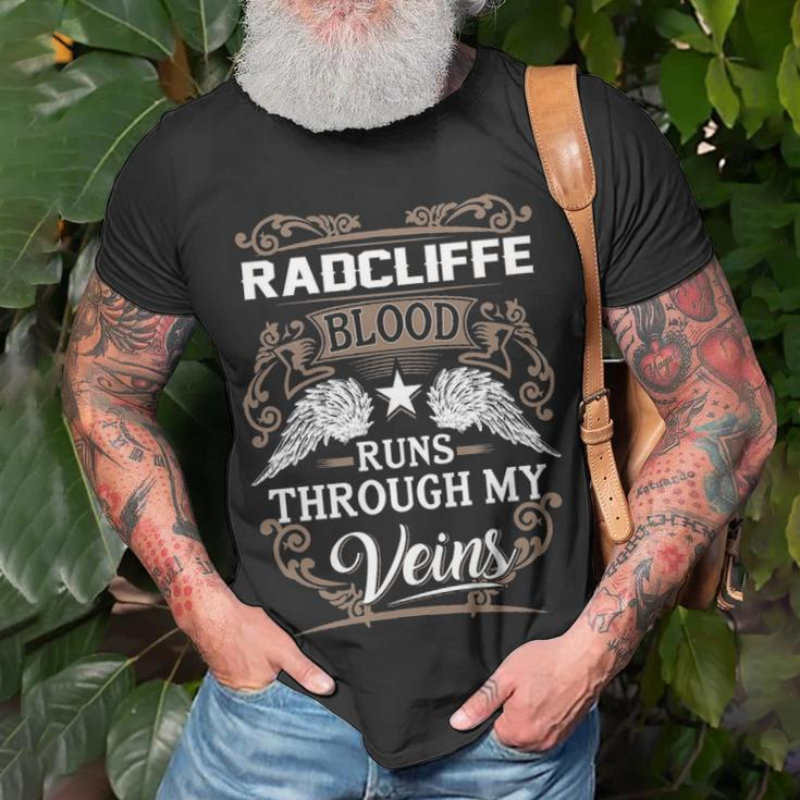 Radcliffe Name Gift Radcliffe Blood Runs Through My Veins Unisex T-Shirt Gifts for Old Men