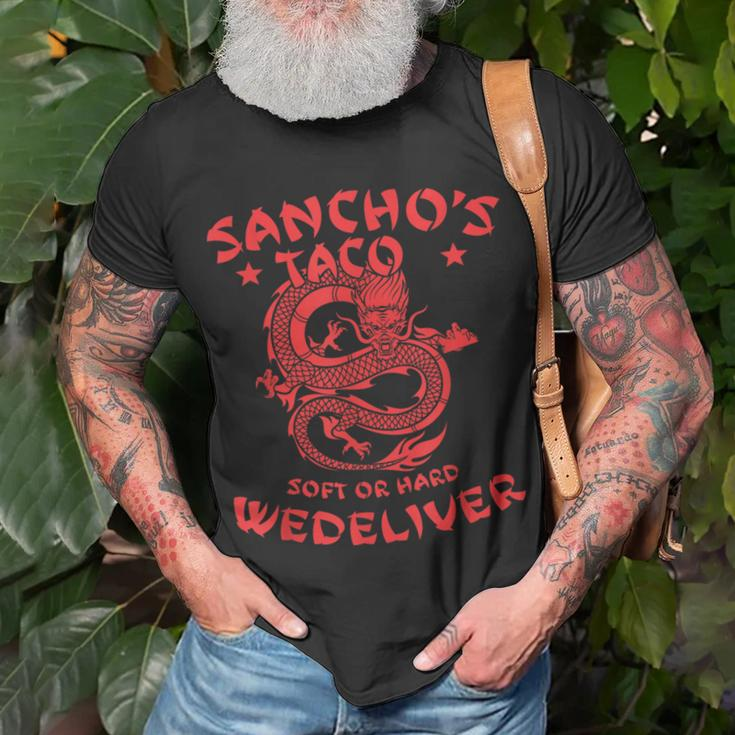 Sanchos Tacos Soft Or Hard We Deliver Apparel Unisex T-Shirt Gifts for Old Men