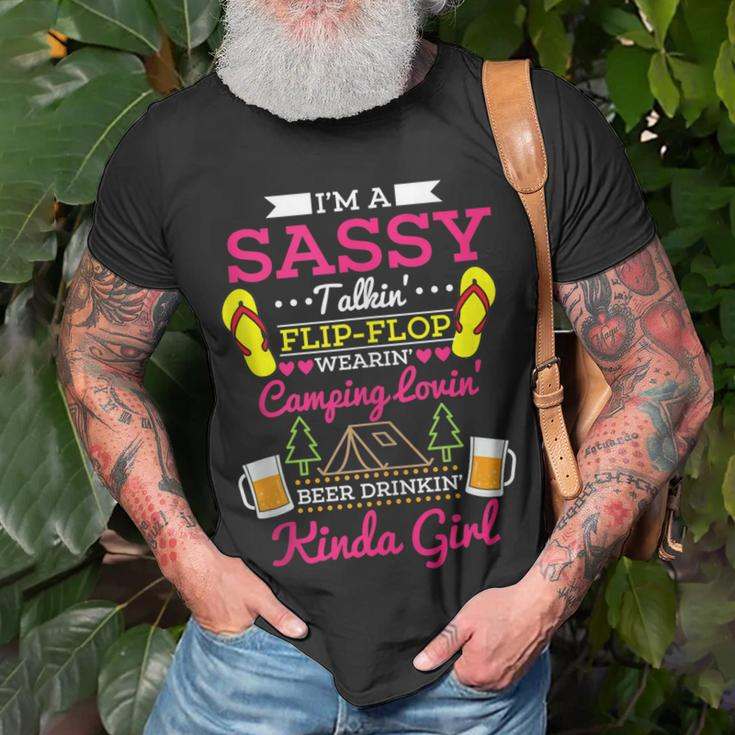 Sassy Flip Flop Camping Beer Drinking Girl Funny Summer Camp Unisex T-Shirt Gifts for Old Men