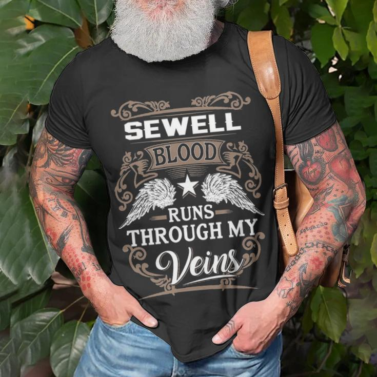 Sewell Name Gift Sewell Blood Runs Throuh My Veins Unisex T-Shirt Gifts for Old Men