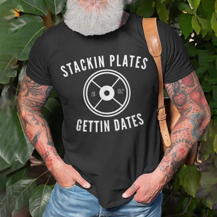 Stackin Plates Gettin Dates Gains Gym Fitness T-Shirt Gifts for Old Men