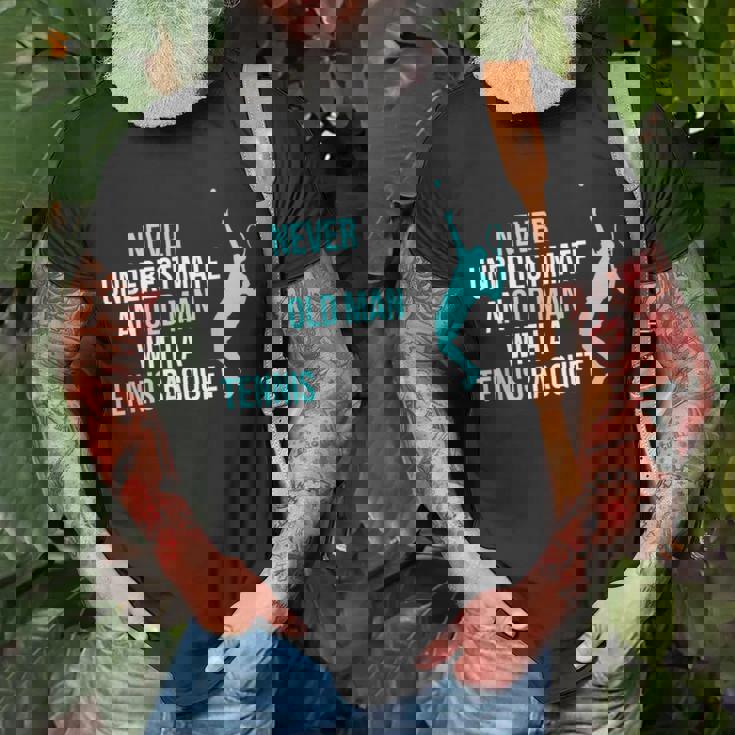 Tennis Name Gifts, Never Underestimate An Old Man Shirts, Humanity Shirts, Old Man Shirts, Tennis Shirts, Sports Shirts