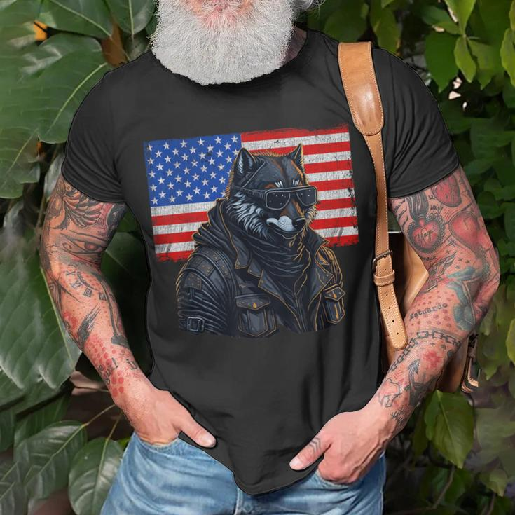 Vintage Patriotic Biker Wolf Shades Rustic American Flag Usa Unisex T-Shirt Gifts for Old Men