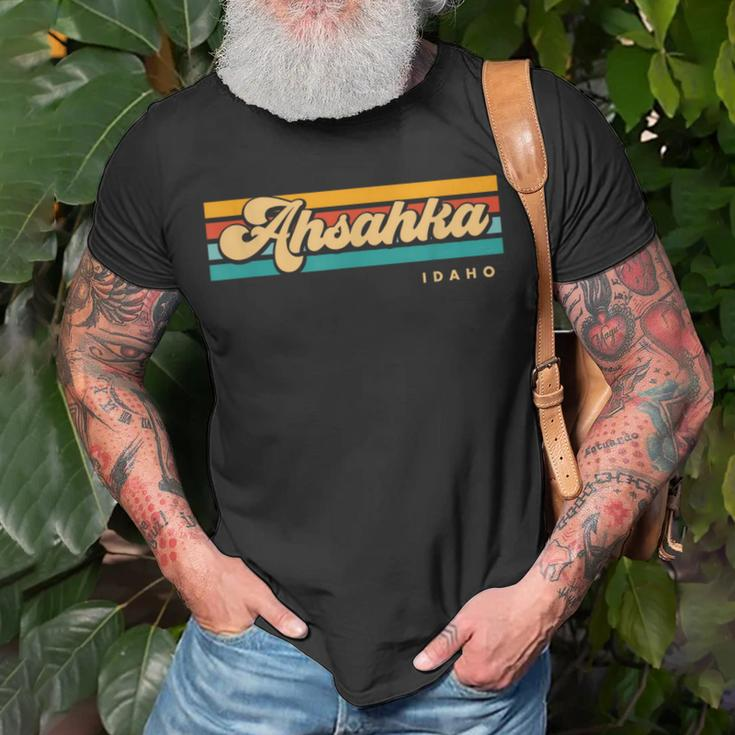 Vintage Sunset Stripes Ahsahka Idaho T-Shirt Gifts for Old Men