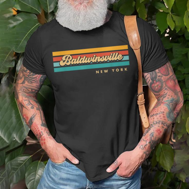 Vintage Sunset Stripes Baldwinsville New York T-Shirt Gifts for Old Men