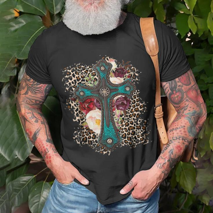 Western Leopard Flowers Cross Christian Cowgirl Unisex T-Shirt Gifts for Old Men
