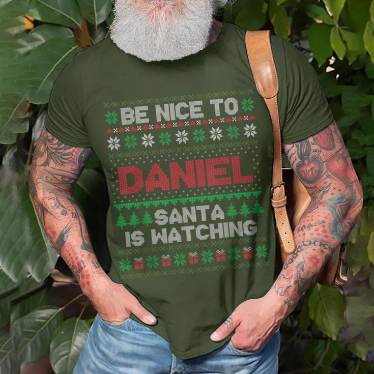 Be Nice To Daniel Santa Is Watching Daniel Ugly Sweater T-Shirt Gifts for Old Men