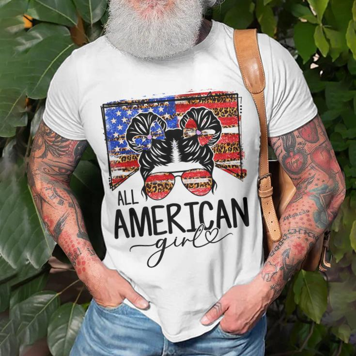 All American Girls 4Th Of July Messy Bun Leopard Patriotic Unisex T-Shirt Gifts for Old Men