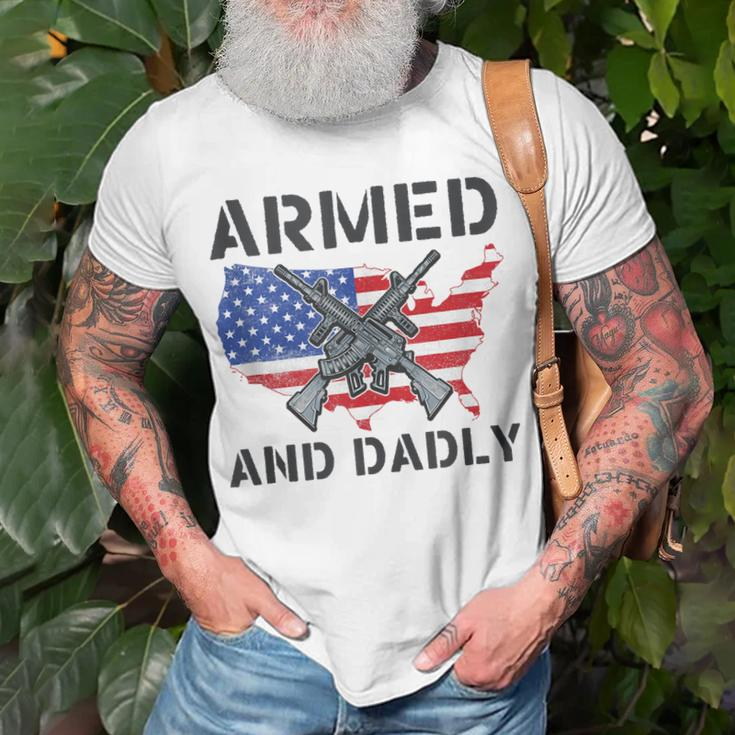 Funny Fathers Day Pun Us Flag Deadly Dad Armed And Dadly Unisex T-Shirt Gifts for Old Men