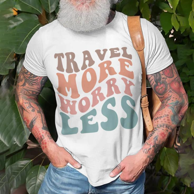 Groovy Travel More Worry Less Funny Retro Girls Woman Back Unisex T-Shirt Gifts for Old Men