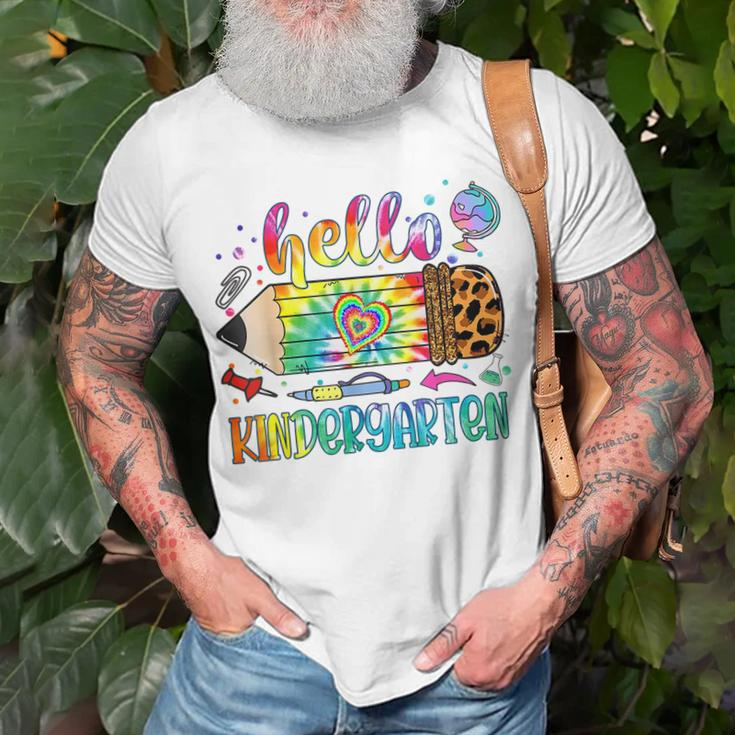 Hello Kindergarten Leopard Pencil Tie Dye Back To School T-Shirt Gifts for Old Men