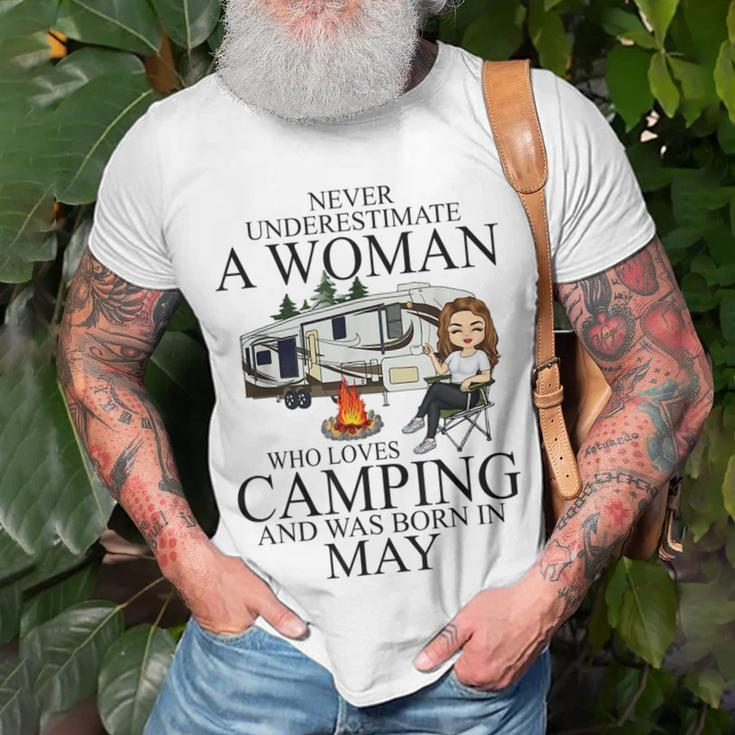 Never Underestimate A Woman Who Love Camping Born In May Unisex T-Shirt Gifts for Old Men